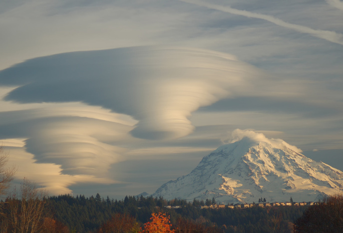 washington, двояковыпуклые облака, Гора, mt. rainier, seattle