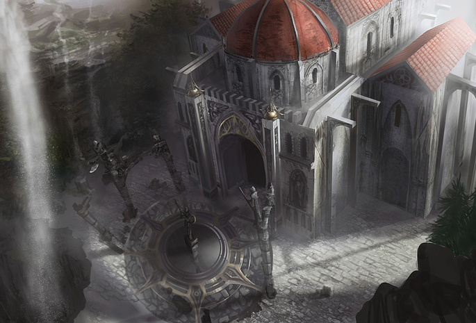 concept art, Dungeon siege 3, водопад, здание, купол, статуя