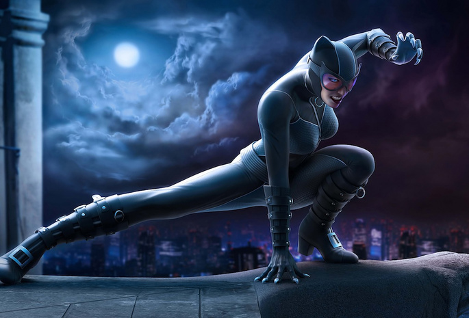 Catwoman, кошка, ночь, луна, город, жещина, супергерой
