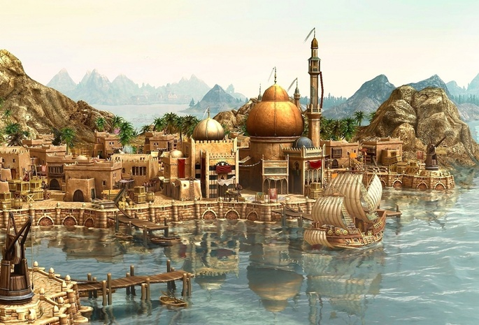 Anno 1404, ship, game wallpapers, город, порт, arrival, корабль, rendering, city