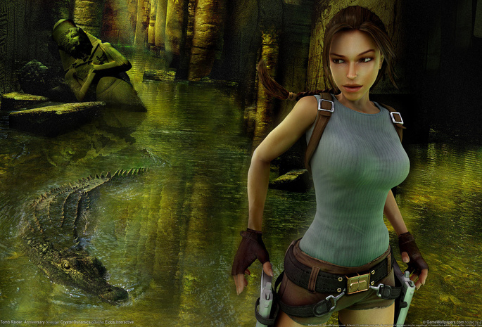 crocodile, girl, ruins, fire, Lara croft tomb raider anniversary, game wallpapers, guns