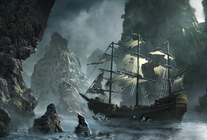 the flying dutchman, Ghost ship approaching, storm, michal matczak, sea, matchack, rocks, art