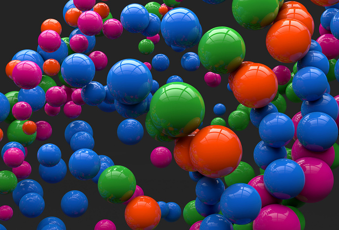цветные, сферы, Арт, шары, шарики, отражение, серый фон