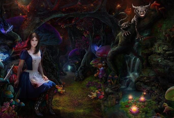 кот, грибы, лес, чеширский, Alice madness returns, девушка, арт