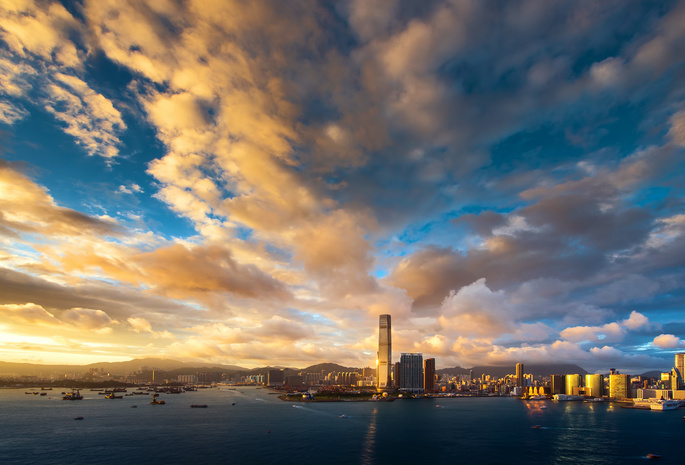 облака, Гонконг, небо, небоскребы, закат, вечер, здания