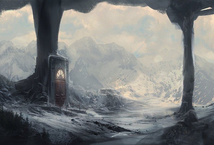 грот, дверь, портал, снег, Арт, колонны, kingcloud, зима, горы