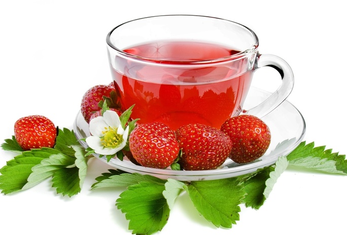 листочки, ягода, чашка, tea, блюдце, клубника, strawberry, Чай