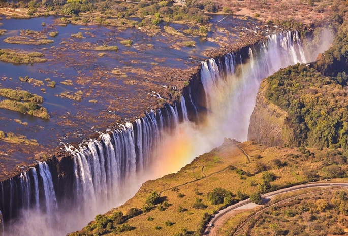 Африка, виктория, дорога, замбия, радуга, водопад
