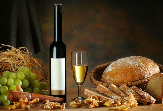 Вино, хлеб, листья, бокал, бутылка, белое, виноград
