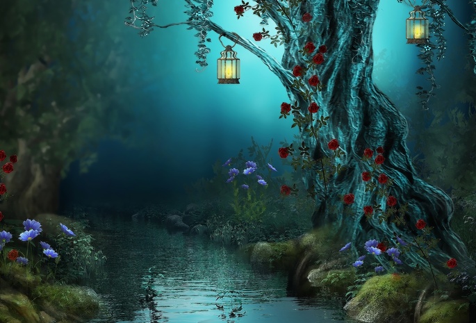 forest, цветы, red roses, river, lamps, лес, nature, night, flowers, Fantasy, roses