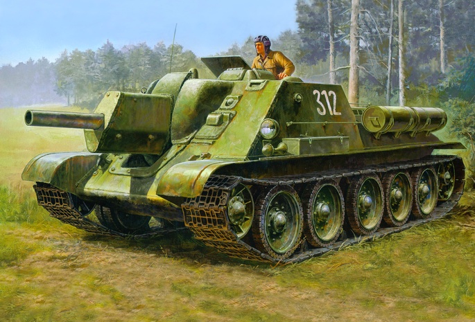 танкист, лес, су-122, самоходная установка, Рисунок
