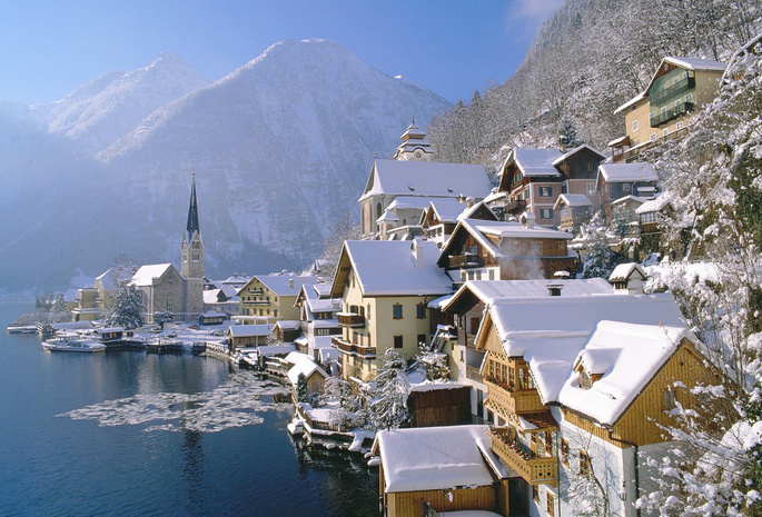 зима, Hallstatt, австрия, холстат, страна, austria, город, дома