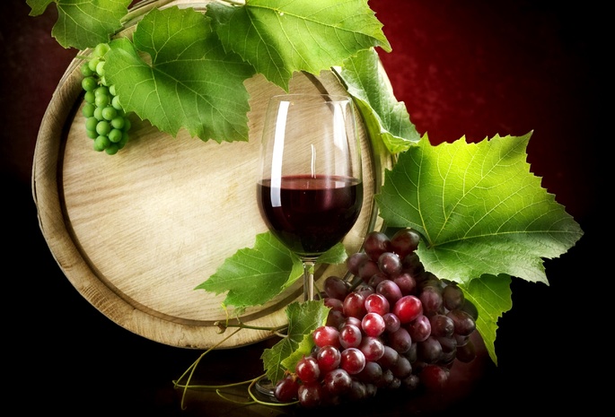 виноград, wine, красное, Вино, бокал, бочка, лист