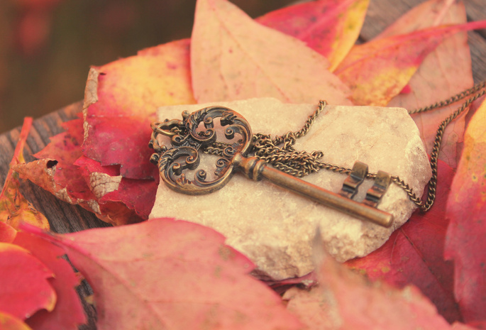 Ключ, металл, листья, цепочка, красные, камень, осень