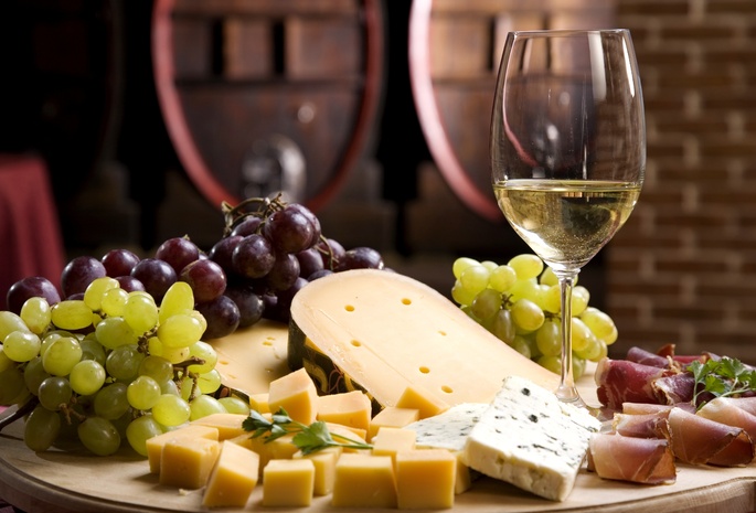 Вино, бокал, cheese, сыр, белое, виноград, wine