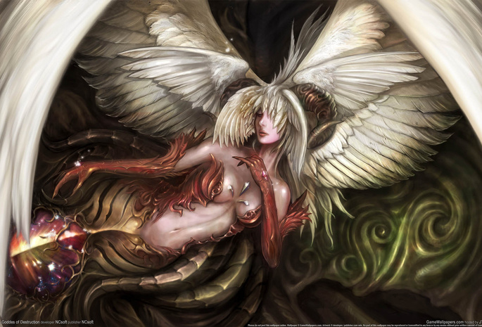 wings, Lineage 2 goddess of destruction, game wallpapers, girl, angel or demon, fantasy, magic