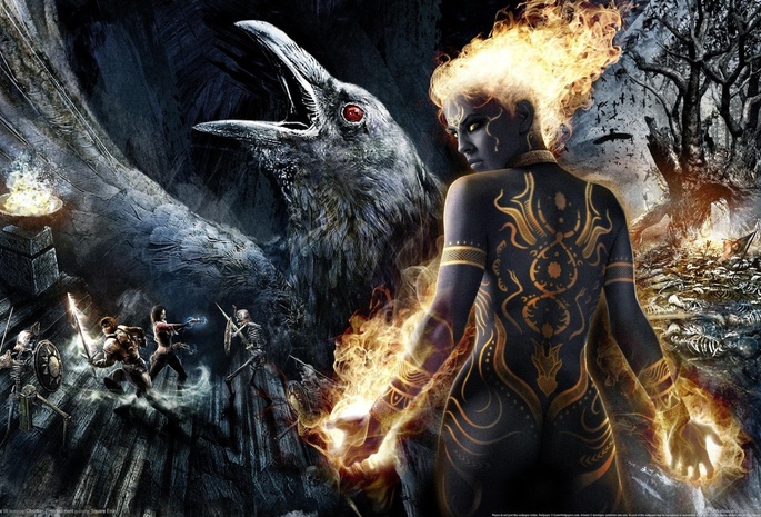 darkness, fire, raven, tattoo, game wallpapers, skeletons, girl, swords, Dungeon siege 3, warriors