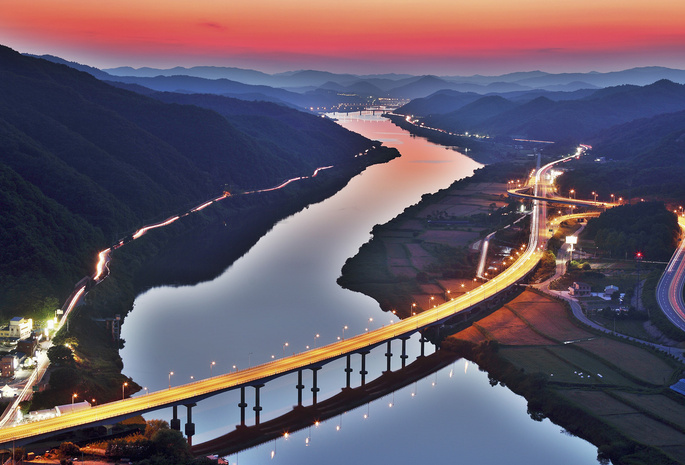 горы, дороги, холмы, мост, река, Корея