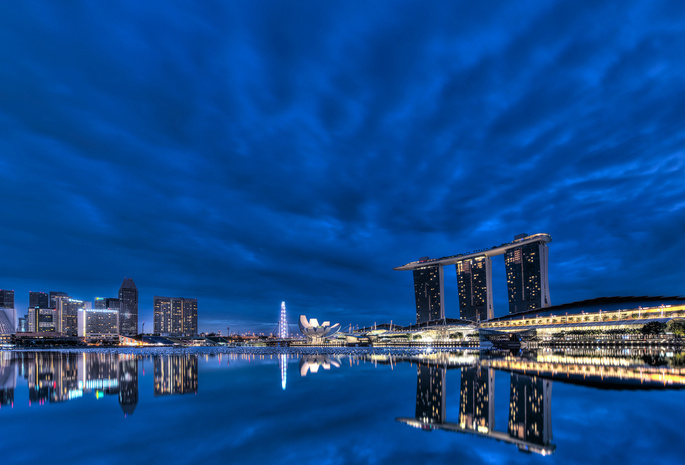 architecture, blue sky, lights, bay, clouds, night, skyscrapers, Singapore, gardens by the bay