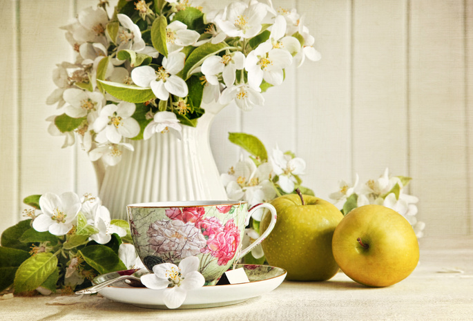 зеленые, кувшин, яблоки, Чашка, цветы, жасмин, чай