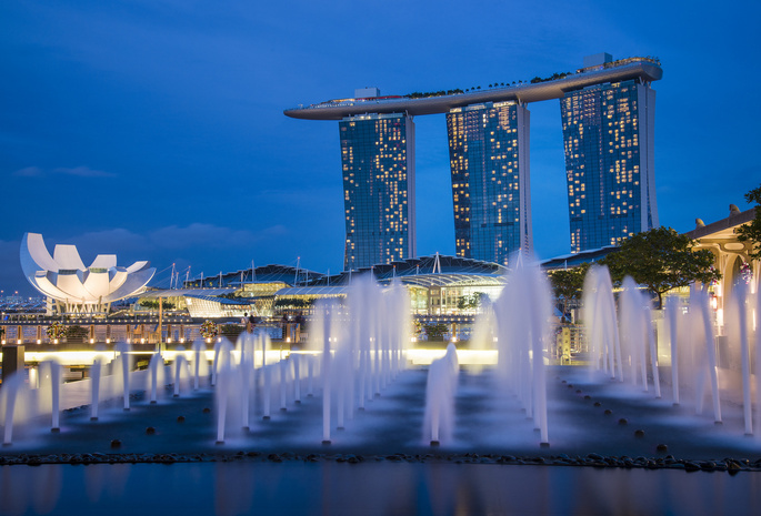 sky, lights, architecture, gardens by the bay, night, blue, Singapore, skyscrapers, fountains