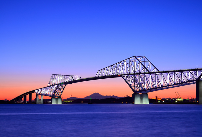 мост, Япония, столица, токио, вечер, оранжевый, залив