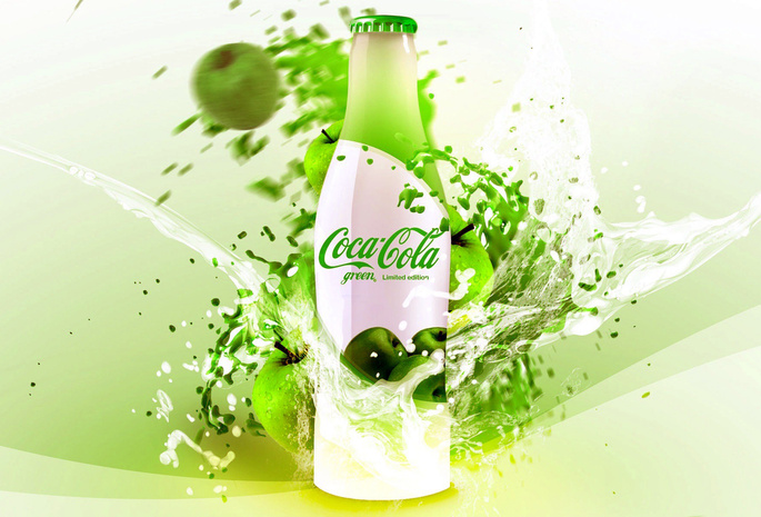 Бутылка, кока-кола, яблоко, напиток, зелёный, coca-cola