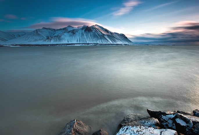 sky, blue, Iceland, горы, coast, sea, ocean, исландия, mountains, clouds, snow, stones