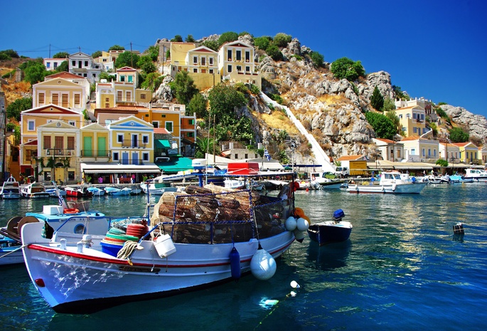 груз, лодки, море, горы, Greece, дома, природа, греция