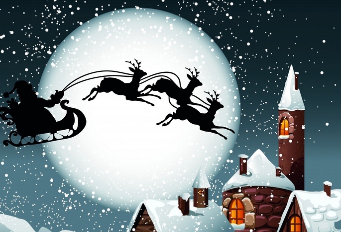 праздник, Санта-клаус, сани, луна, труба, крыша, зима, снег, красиво, Новый год