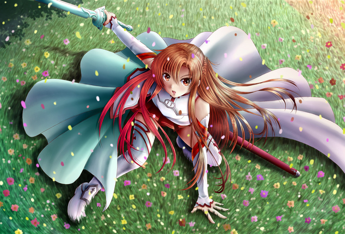 sword art online, девушка, Арт, цветы, меч, трава, ilolamai, asuna