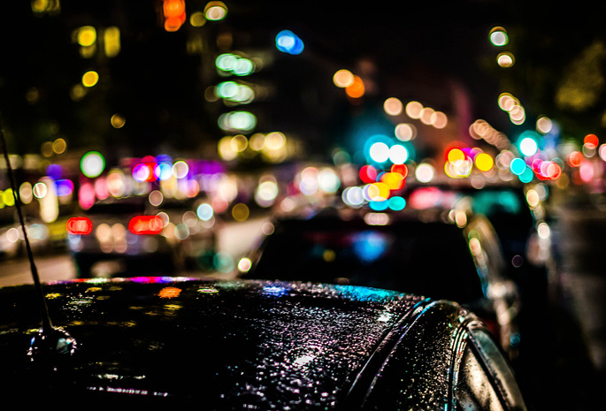 машины, Город, боке, огни, дождь, ночь