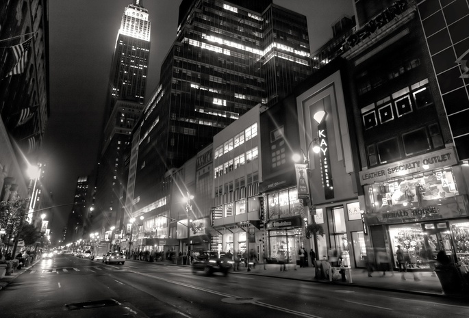 black and white, buildings, taxi, people, city, нью-йорк, New york, lights, night