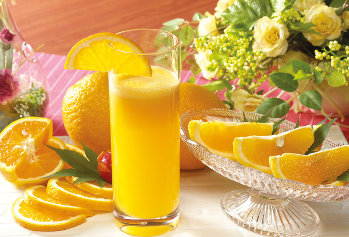стакан, апельсины, Сок, цветы