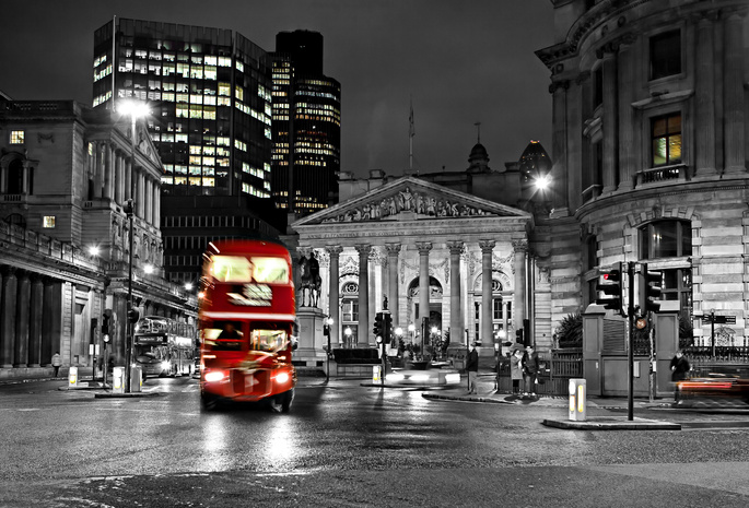 city, blur, London, лондон, black and white, bus, night, england, lights, street, road