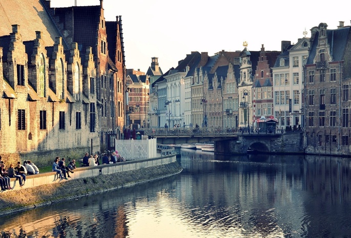здания, город, Гент, бельгия, отражение, дома, вода