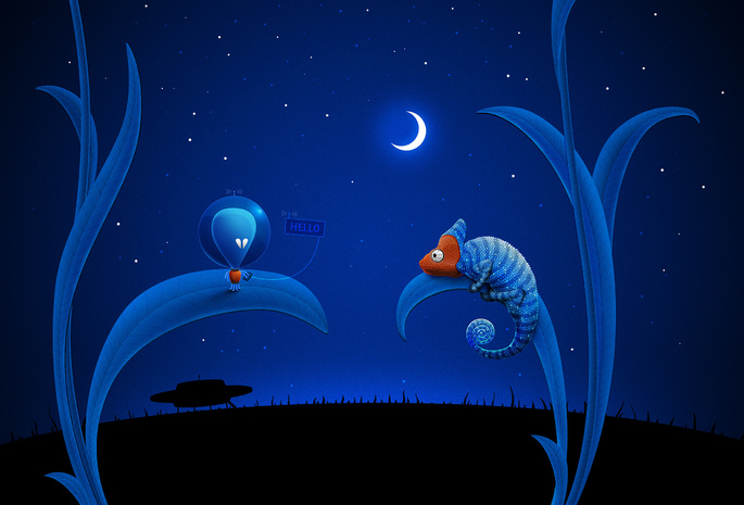 ночь, луна, нло, инопланетянин, хамелеон, синие