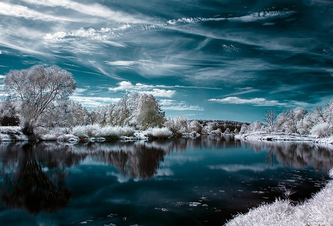 река, зима, деревья, красиво