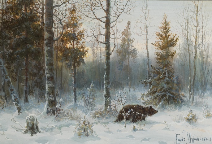 лес, Природа, снег, мишка, зима, картина