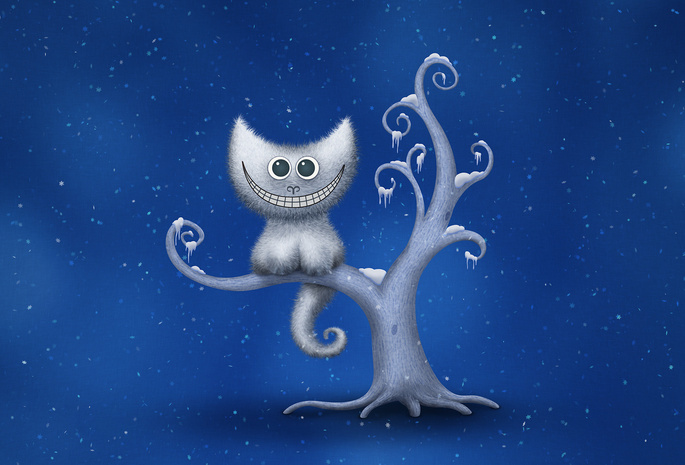 кот, чеширский, улыбка, дерево, зима, снежинки, синие