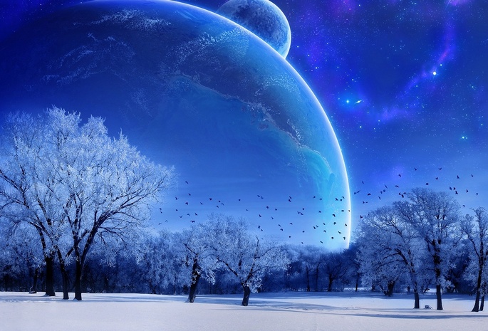 деревья, птицы, снег, планеты, небосвод, фэнтези, голубые