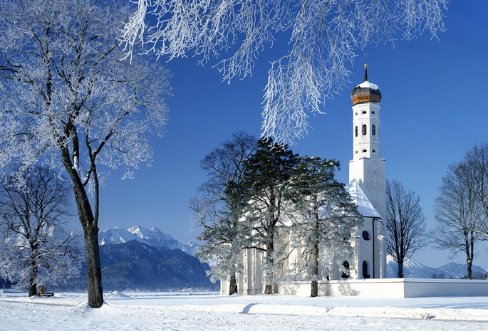 деревья, иней, снег, часовня, здание, зимнее кружево