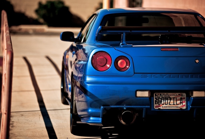 сзади, Nissan, skyline, задний фонарь, ниссан, синий