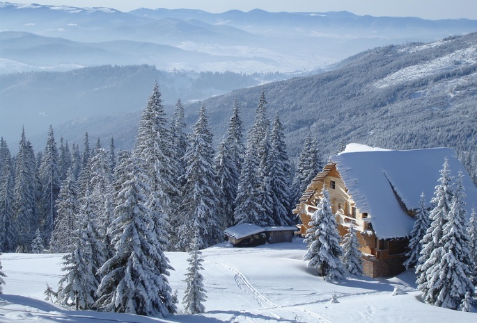 wintertale, горы, домик, снег
