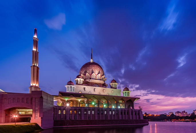 sky, evening, strait, sunset, purple, mosque, clouds, Malaysia, малайзия, putrajaya, lights