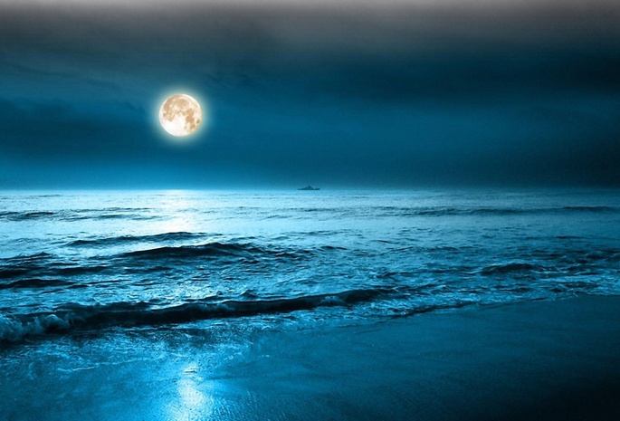 море, ночь, пляж, прибой, волны, луна, полнолуние