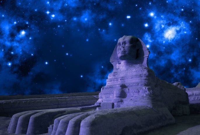 сфинкс, ночь, небосвод, звезды, туманности, Египет