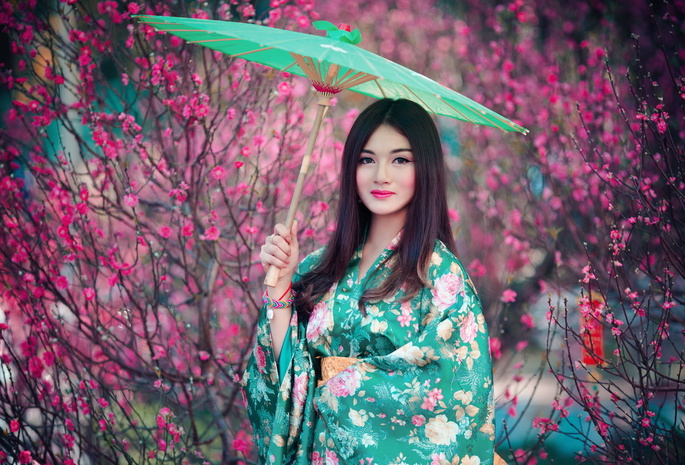 японка, зонтик, кимоно, цветение, сакура, цветы, весна, улыбка