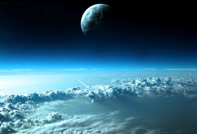 пространство, орбита, Земля, облака, спутник