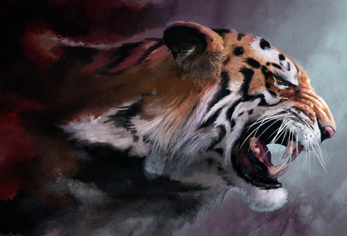 тигр, ярость, клыки, рисунок, картина, оскал, animals, зверь, tiger, рычит